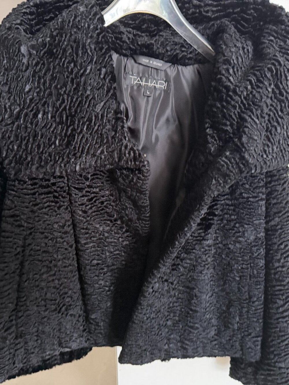 Tahari Black Faux Astrakhan Textured Swing Jacket Shawl Collar
